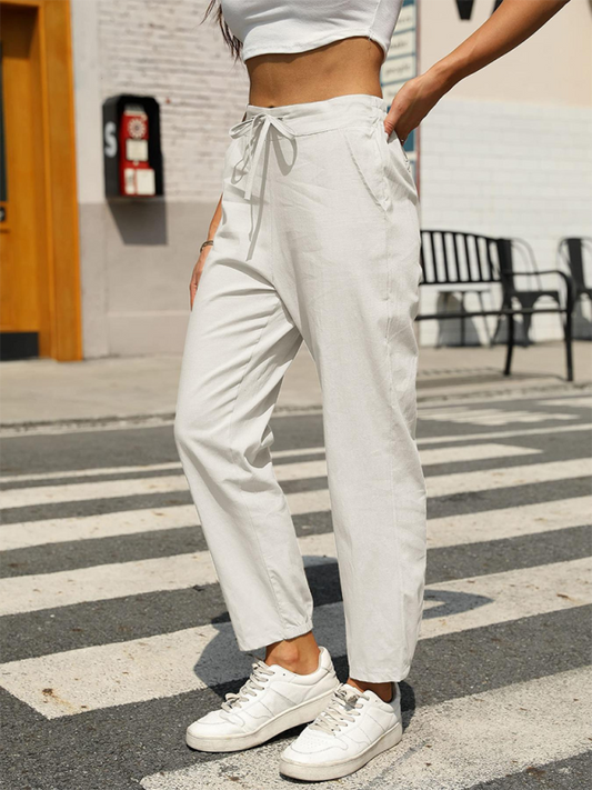 Pencil Pants- Pencil-Cut Cotton-Blend Pants with Pockets- White- IndioGear.com