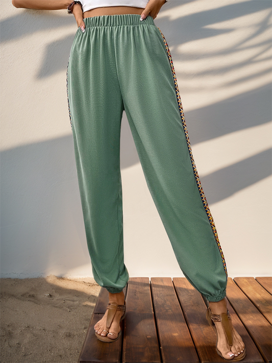 Pencil Pants- Women Boho Pencil Pants with Tribal Accents- Green- IndioGear.com