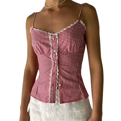 Plaid Camis- Gingham Cami Plaid Top for Summer Festivals- Red- IndioGear Women Clothing