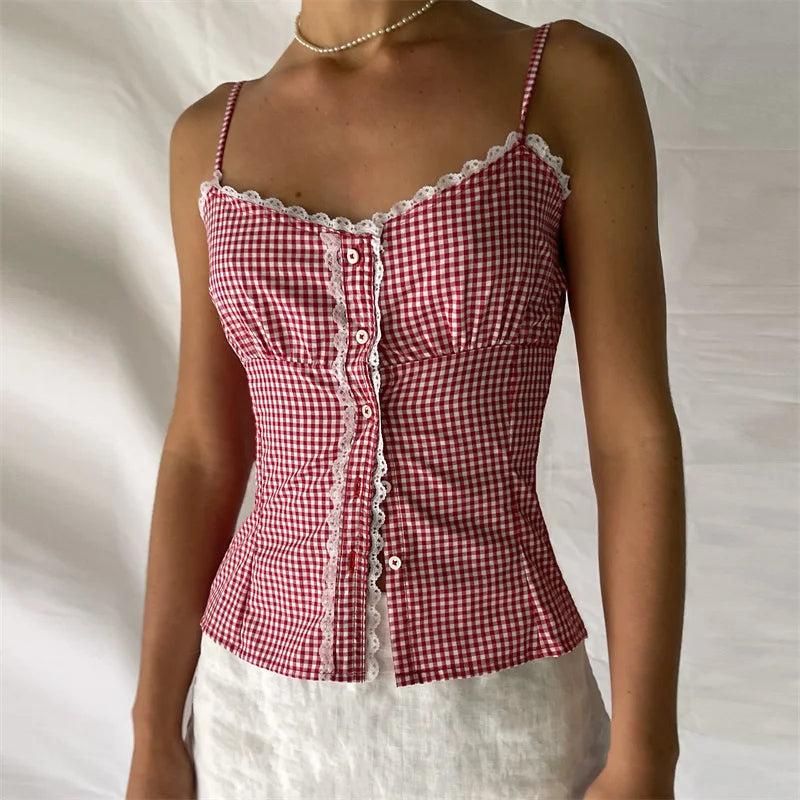 Plaid Camis- Gingham Cami Plaid Top for Summer Festivals- - IndioGear Women Clothing