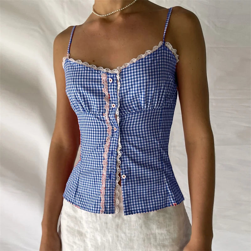 Plaid Camis- Gingham Cami Plaid Top for Summer Festivals- - IndioGear Women Clothing