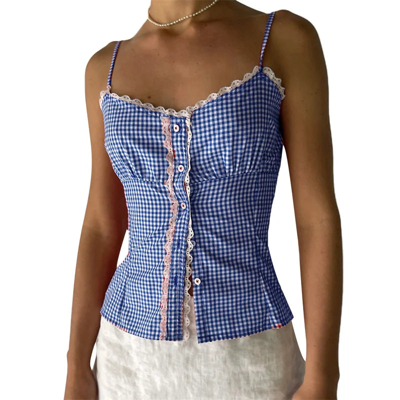 Plaid Camis- Gingham Cami Plaid Top for Summer Festivals- Blue- IndioGear Women Clothing