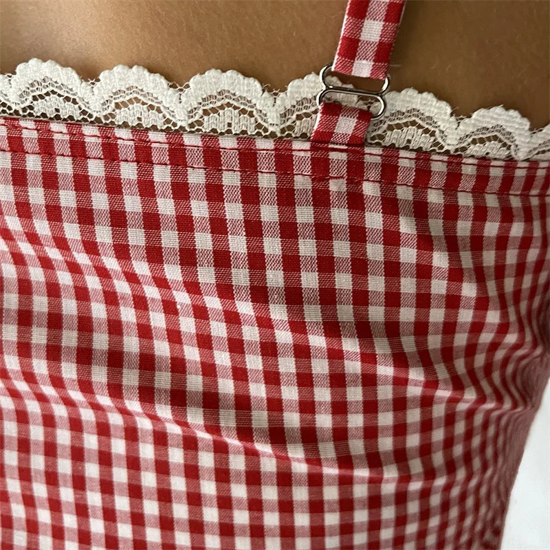 Plaid Camis- Gingham Cami Plaid Top for Summer Festivals- - IndioGear Women Clothing