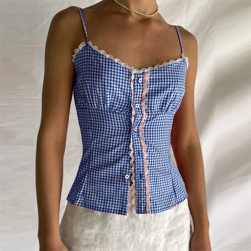 Plaid Camis- Gingham Cami Plaid Top for Summer Festivals- - IndioGear Women Clothing