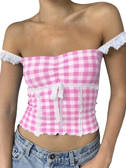 Plaid Tops- Romantic Lace Accented Plaid Cami - Women's Milkmaid Top- Pink- IndioGear Fashion and Gear