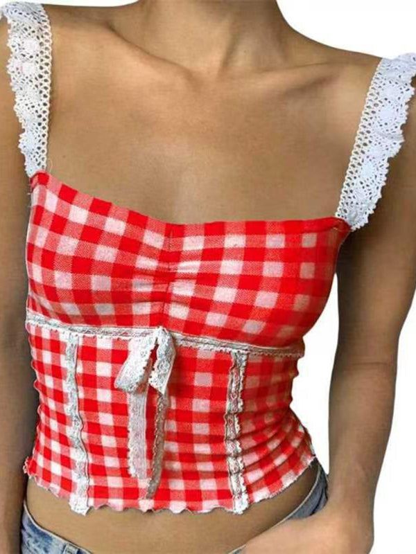 Plaid Tops- Romantic Lace Accented Plaid Cami - Women's Milkmaid Top- Red- IndioGear Fashion and Gear