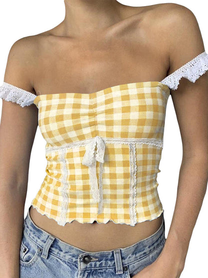 Plaid Tops- Romantic Lace Accented Plaid Cami - Women's Milkmaid Top- Yellow- IndioGear Fashion and Gear