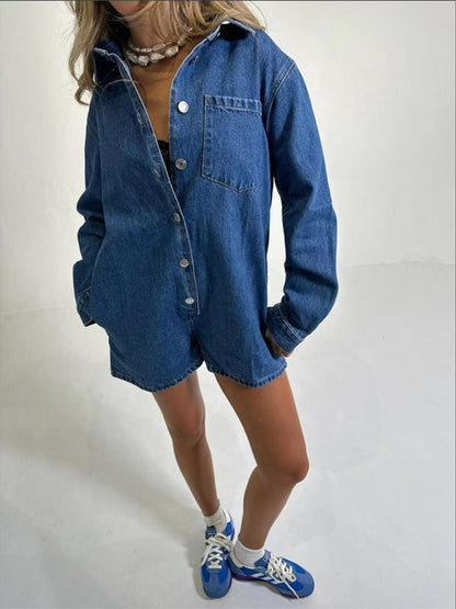 Playsuits- Denim Long-Sleeve Playsuit Romper for Women- Purplish blue navy- IndioGear Women Clothing