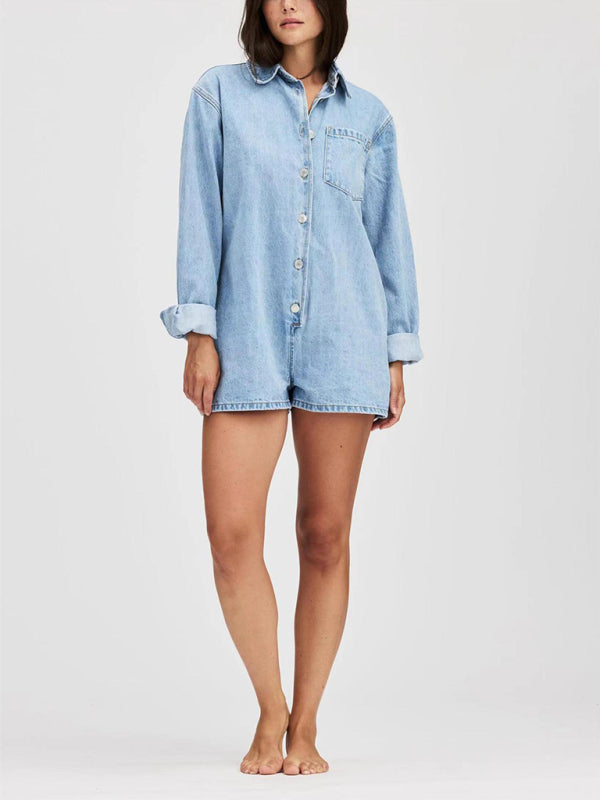 Playsuits- Denim Long-Sleeve Playsuit Romper for Women- Clear blue- IndioGear Women Clothing