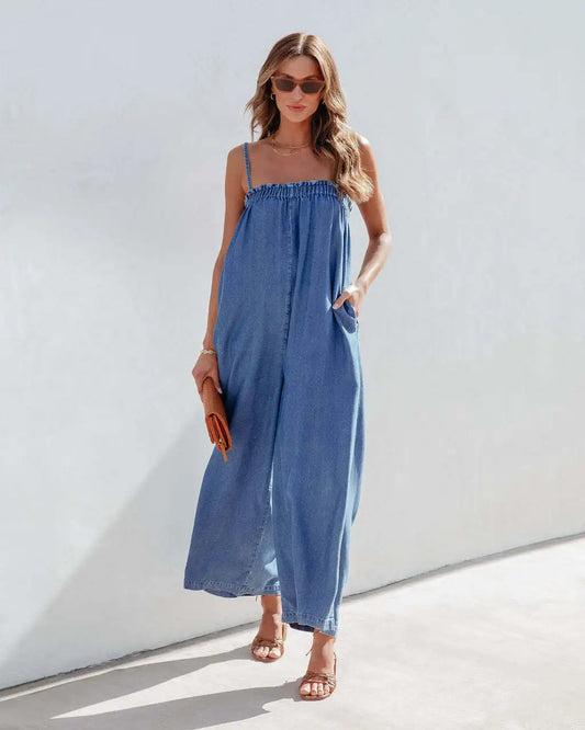 Playsuits- Full-Length Women Playsuit - Relaxed Denim Jumpsuit- - IndioGear.com