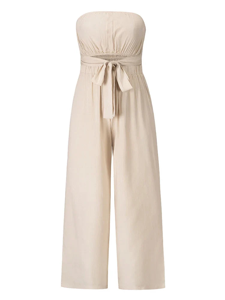 Playsuits- Strapless Bowknot Jumpsuit for Women - Wide-Leg Playsuit- - IndioGear.com