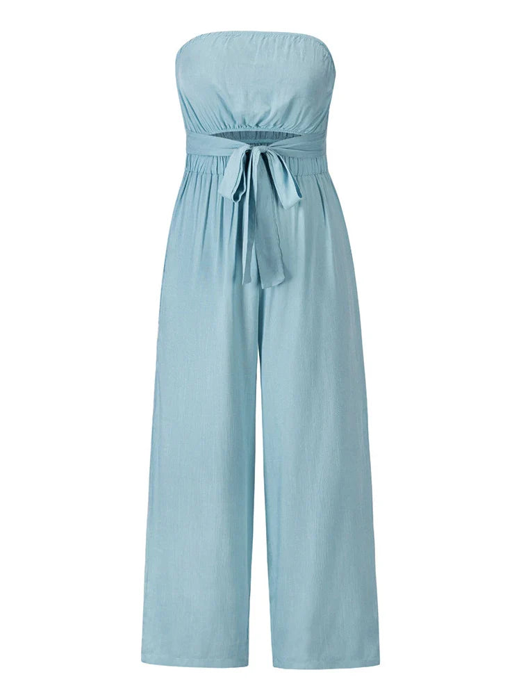 Playsuits- Strapless Bowknot Jumpsuit for Women - Wide-Leg Playsuit- - IndioGear.com