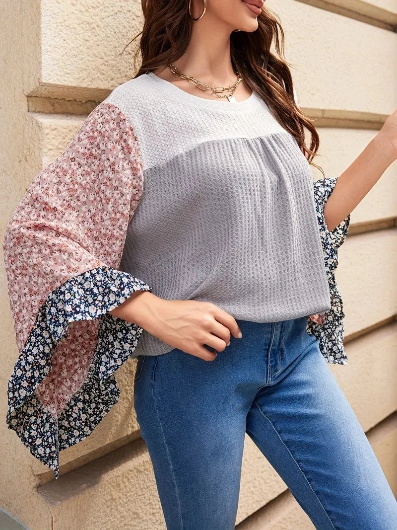 Plus Size Blouses- Chic Bell Sleeve Waffle Blouse in Plus Sizes- - IndioGear.com