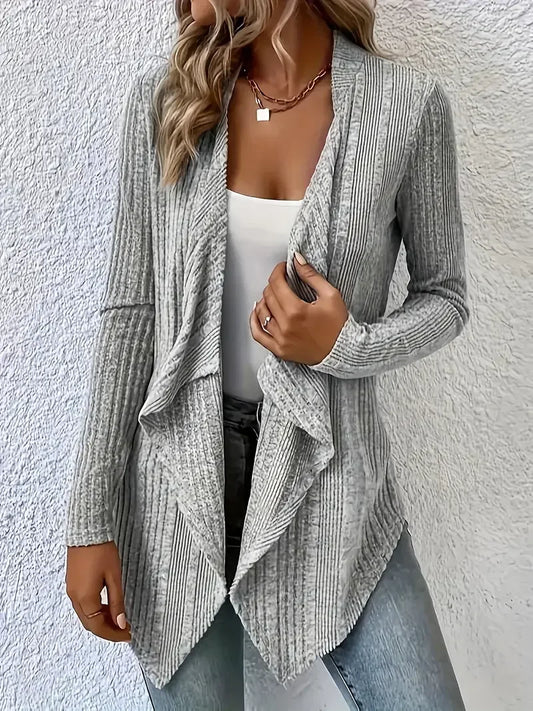 Plus Size Casual Tops- Plus Size 1XL-5XL Women's Long Sleeved Open Front Ribbed Cardigan- Light Grey- IndioGear.com