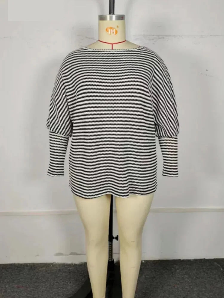 Plus Size Casual Tops- Plus Size Leg-of-Mutton Sleeve on Striped Casual Tops- - IndioGear.com