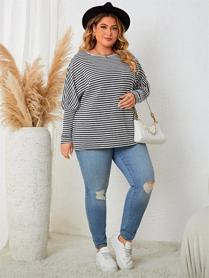 Plus Size Casual Tops- Plus Size Leg-of-Mutton Sleeve on Striped Casual Tops- - IndioGear.com