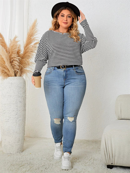 Plus Size Casual Tops- Plus Size Leg-of-Mutton Sleeve on Striped Casual Tops- - IndioGear.com