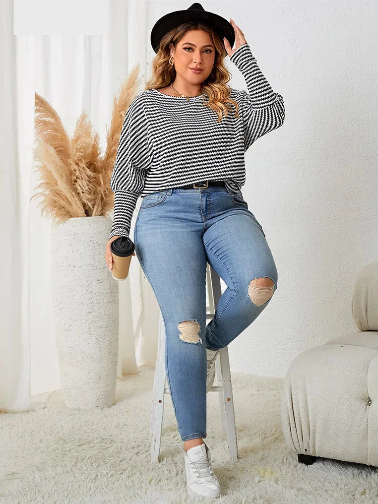 Plus Size Casual Tops- Plus Size Leg-of-Mutton Sleeve on Striped Casual Tops- - IndioGear.com