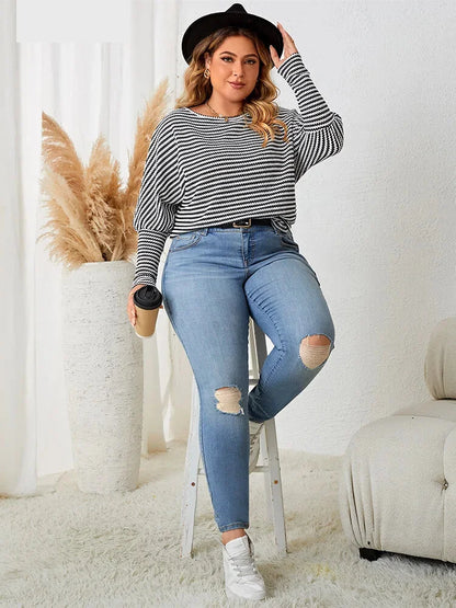 Plus Size Casual Tops- Plus Size Leg-of-Mutton Sleeve on Striped Casual Tops- - IndioGear.com