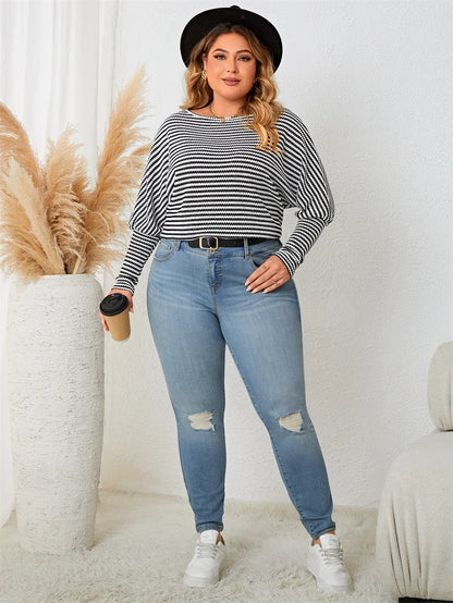 Plus Size Casual Tops- Plus Size Leg-of-Mutton Sleeve on Striped Casual Tops- - IndioGear.com