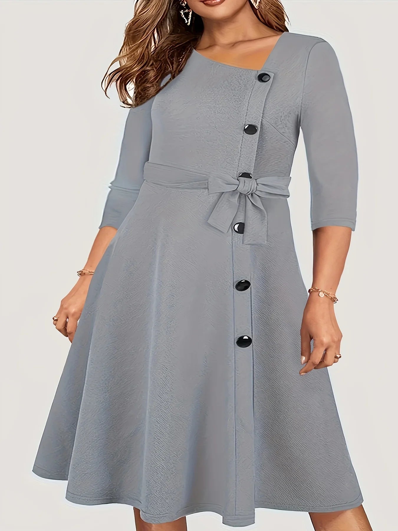 Plus Size Dresses- Plus Size Grey Jacquard Button-Up Dress with Tie Belt- Gray- IndioGear.com