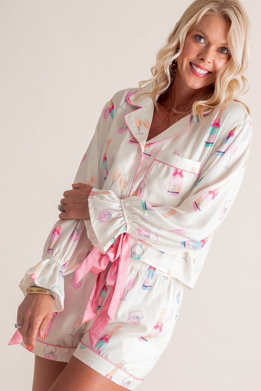 Plus Size Loungewear- Playful Bow Wine-Themed Plus Size Pajama Set for Lounging- - IndioGear Women Clothing