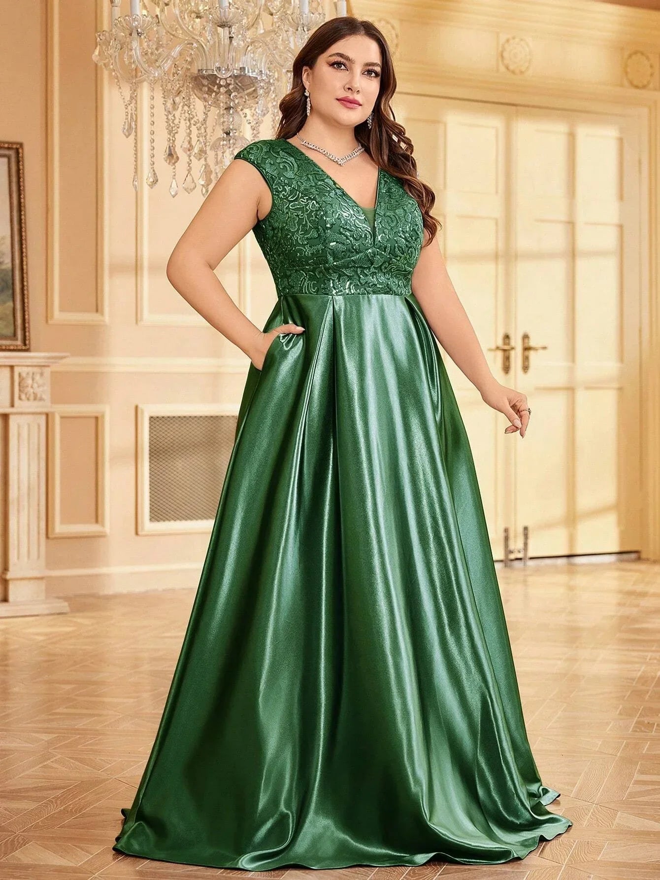 Plus Size Maxi Gowns- Plus Elegant Floor-Length Gown for Weddings and Proms - Shine Bright!- green- IndioGear Women Clothing