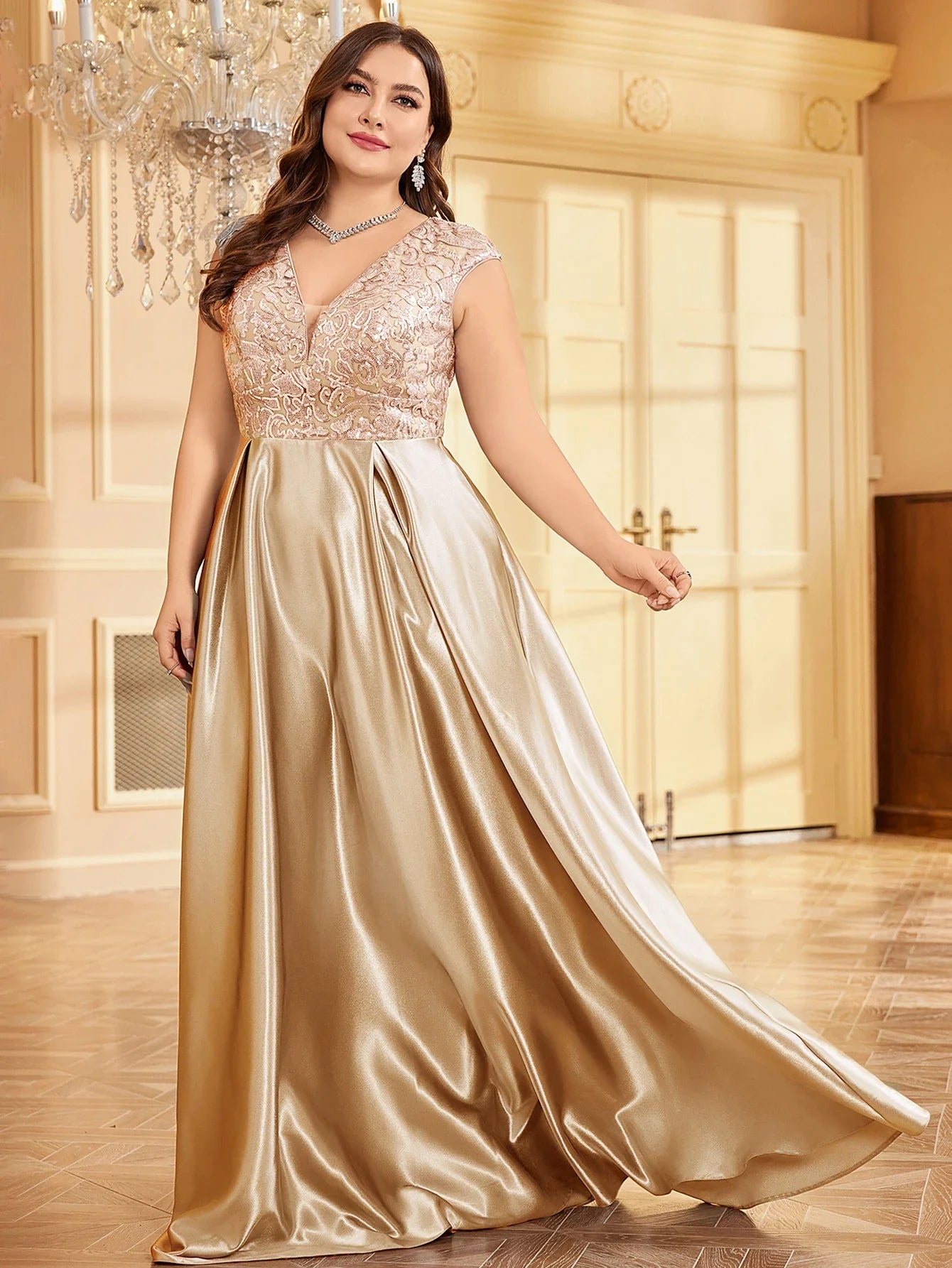 Plus Size Maxi Gowns- Plus Elegant Floor-Length Gown for Weddings and Proms - Shine Bright!- Champagne- IndioGear Women Clothing