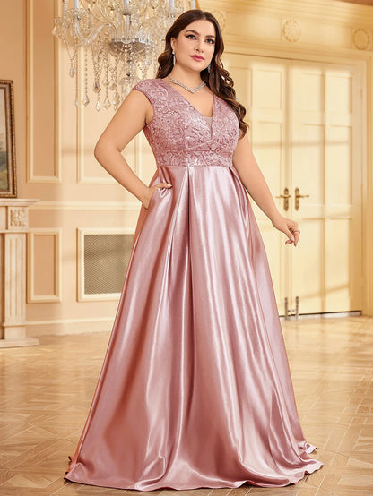 Plus Size Maxi Gowns- Plus Elegant Floor-Length Gown for Weddings and Proms - Shine Bright!- Pink- IndioGear Women Clothing