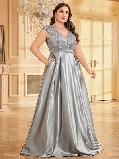 Plus Size Maxi Gowns- Plus Elegant Floor-Length Gown for Weddings and Proms - Shine Bright!- Gray- IndioGear Women Clothing