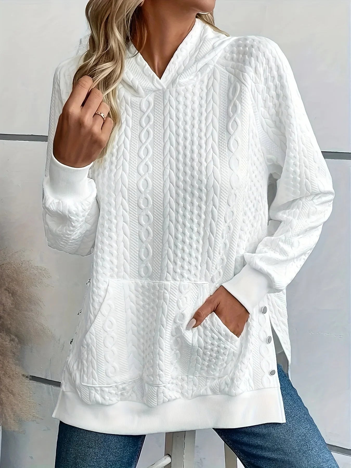 Plus Size Pullover Hoodies- Chic Textured Pullover Hoodie for Curvy Women + Side Slits- White- IndioGear.com