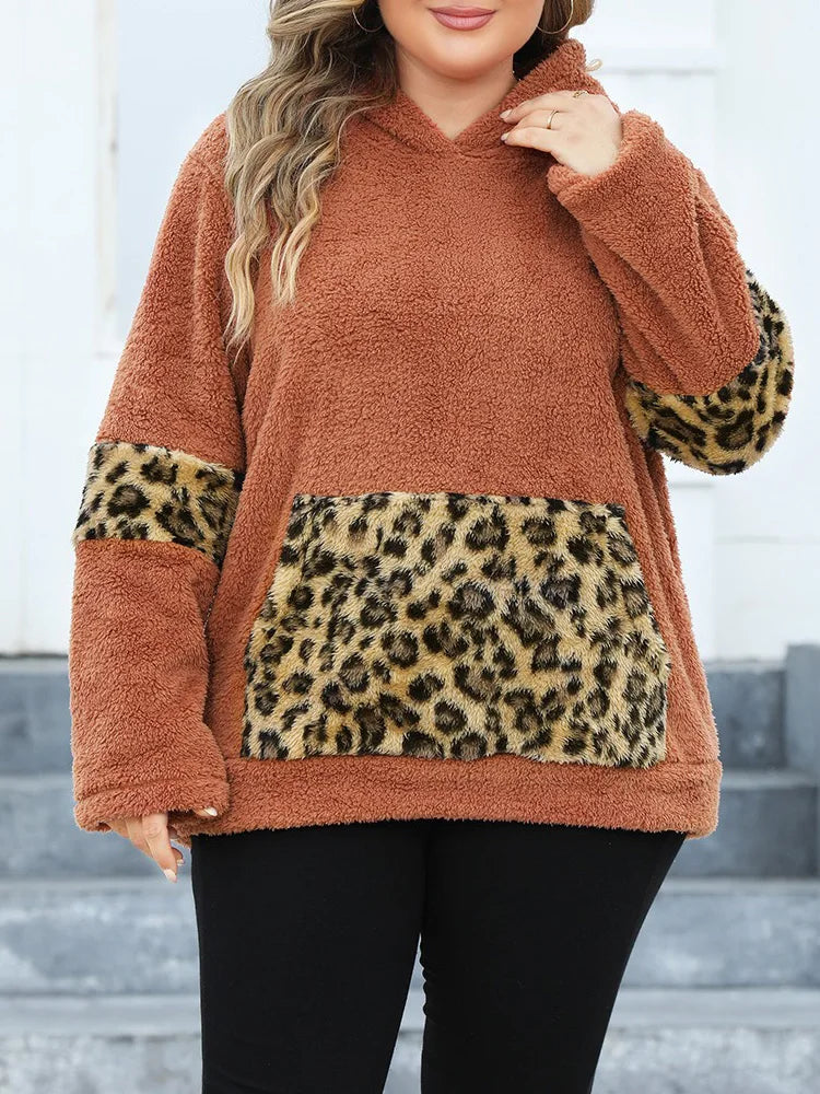 Plus Size Pullover Hoodies- Plus-Size Furry Hoodie with Animal Print Highlights- Brown- IndioGear.com