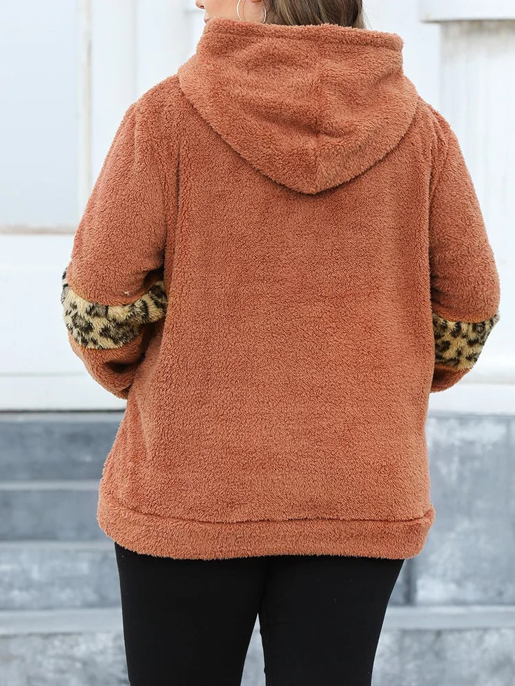 Plus Size Pullover Hoodies- Plus-Size Furry Hoodie with Animal Print Highlights- - IndioGear.com