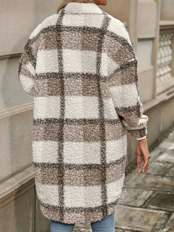 Plush Coats- Autumn Plush Checkered Longline Jacket Shirt Layer- - IndioGear Women Clothing