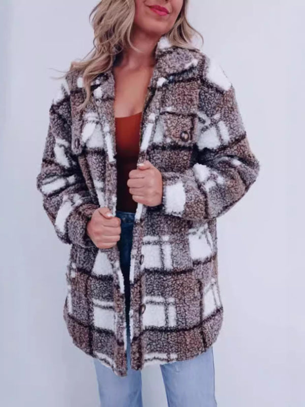 Plush Jackets- Plaid Mid-Length Jacket for Chilly Evenings- Coffee- IndioGear Women Clothing