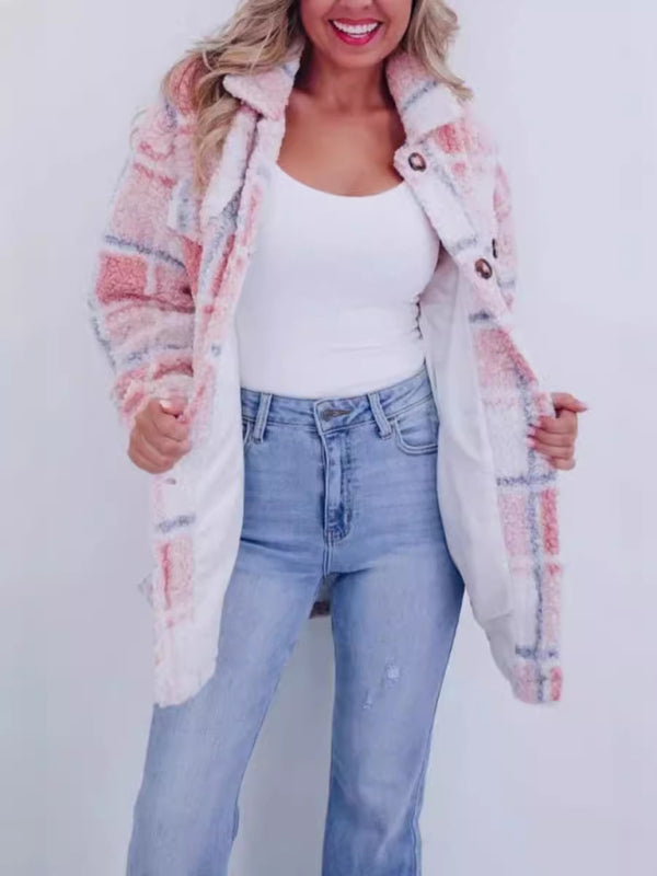 Plush Jackets- Plaid Mid-Length Jacket for Chilly Evenings- - IndioGear Women Clothing