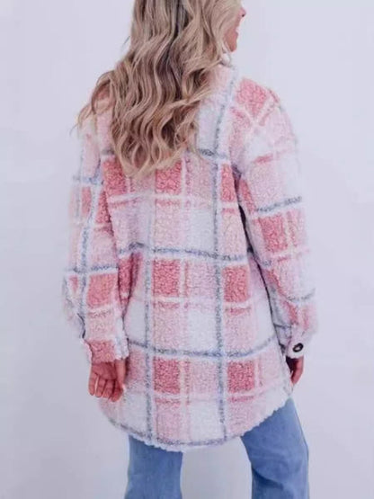 Plush Jackets- Plaid Mid-Length Jacket for Chilly Evenings- - IndioGear Women Clothing