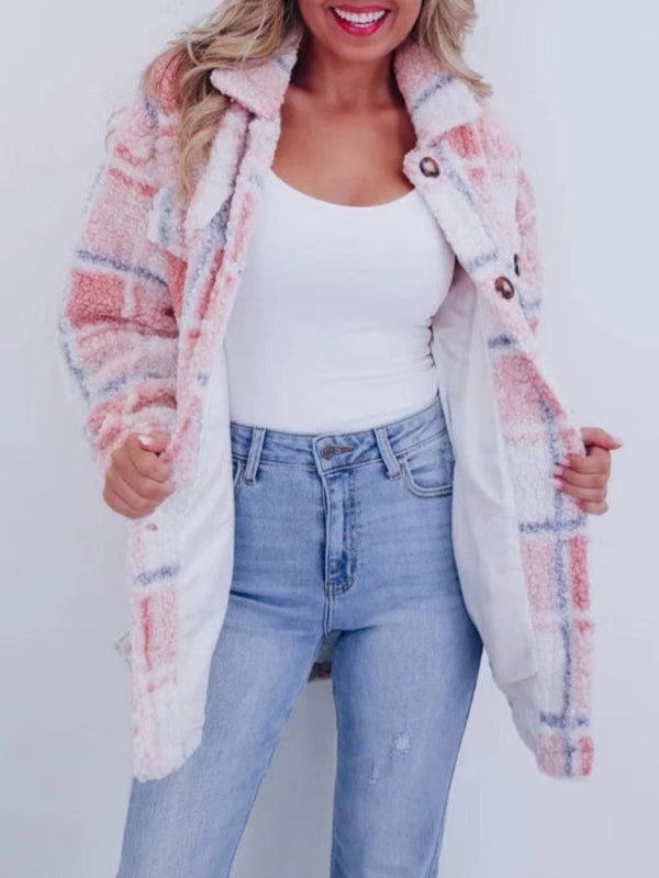 Plush Jackets- Plaid Mid-Length Jacket for Chilly Evenings- Pink- IndioGear Women Clothing