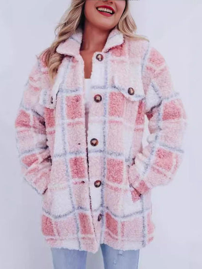 Plush Jackets- Plaid Mid-Length Jacket for Chilly Evenings- - IndioGear Women Clothing