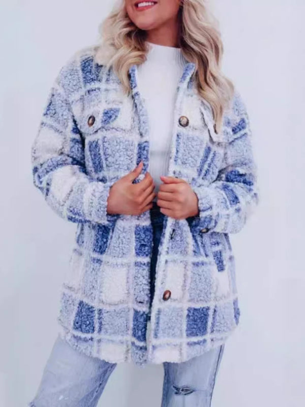 Plush Jackets- Plaid Mid-Length Jacket for Chilly Evenings- Blue- IndioGear Women Clothing