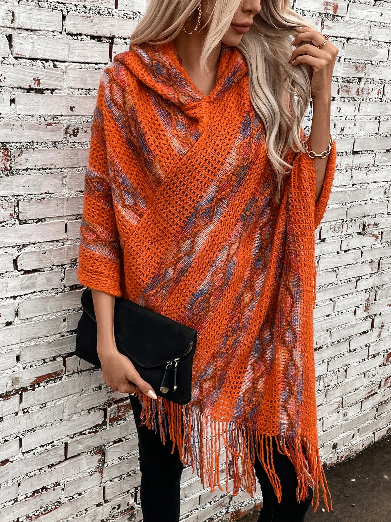 Ponchos- Cozy Hoodie Sweater Poncho with Fringe- Orange- IndioGear.com