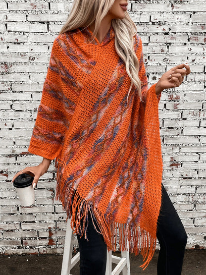 Ponchos- Cozy Hoodie Sweater Poncho with Fringe- - IndioGear.com