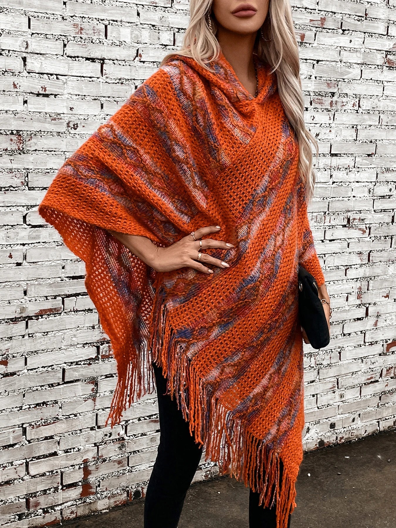 Ponchos- Cozy Hoodie Sweater Poncho with Fringe- - IndioGear.com