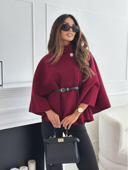 Ponchos- Elegant High-Neck Wool Poncho for Winter Belted Cape- Wine Red- IndioGear Women Clothing