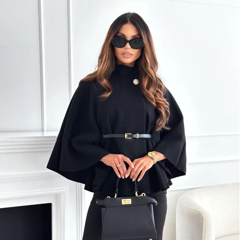 Ponchos- Elegant High-Neck Wool Poncho for Winter Belted Cape- - IndioGear Women Clothing