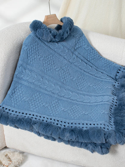 Ponchos- Fur-Trimmed Poncho for Elegant Winter Layering- Blue- IndioGear.com