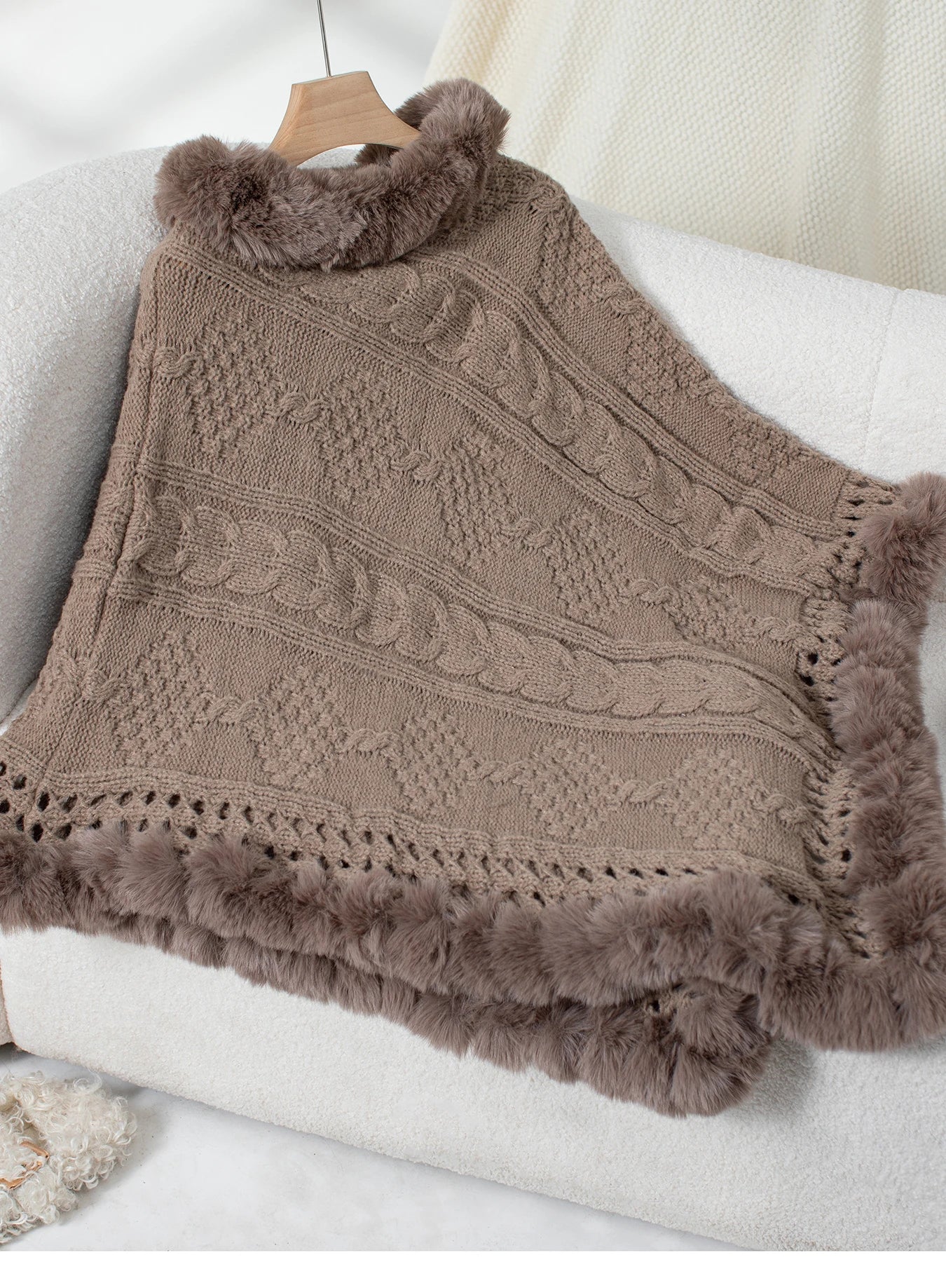 Ponchos- Fur-Trimmed Poncho for Elegant Winter Layering- Khaki- IndioGear.com