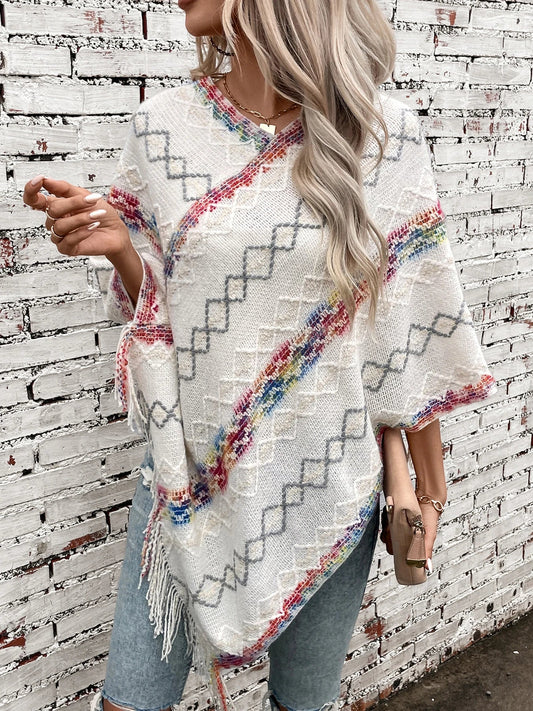 Ponchos- Loose Fit Sweater Poncho Cape for Chilly Days- White- IndioGear.com