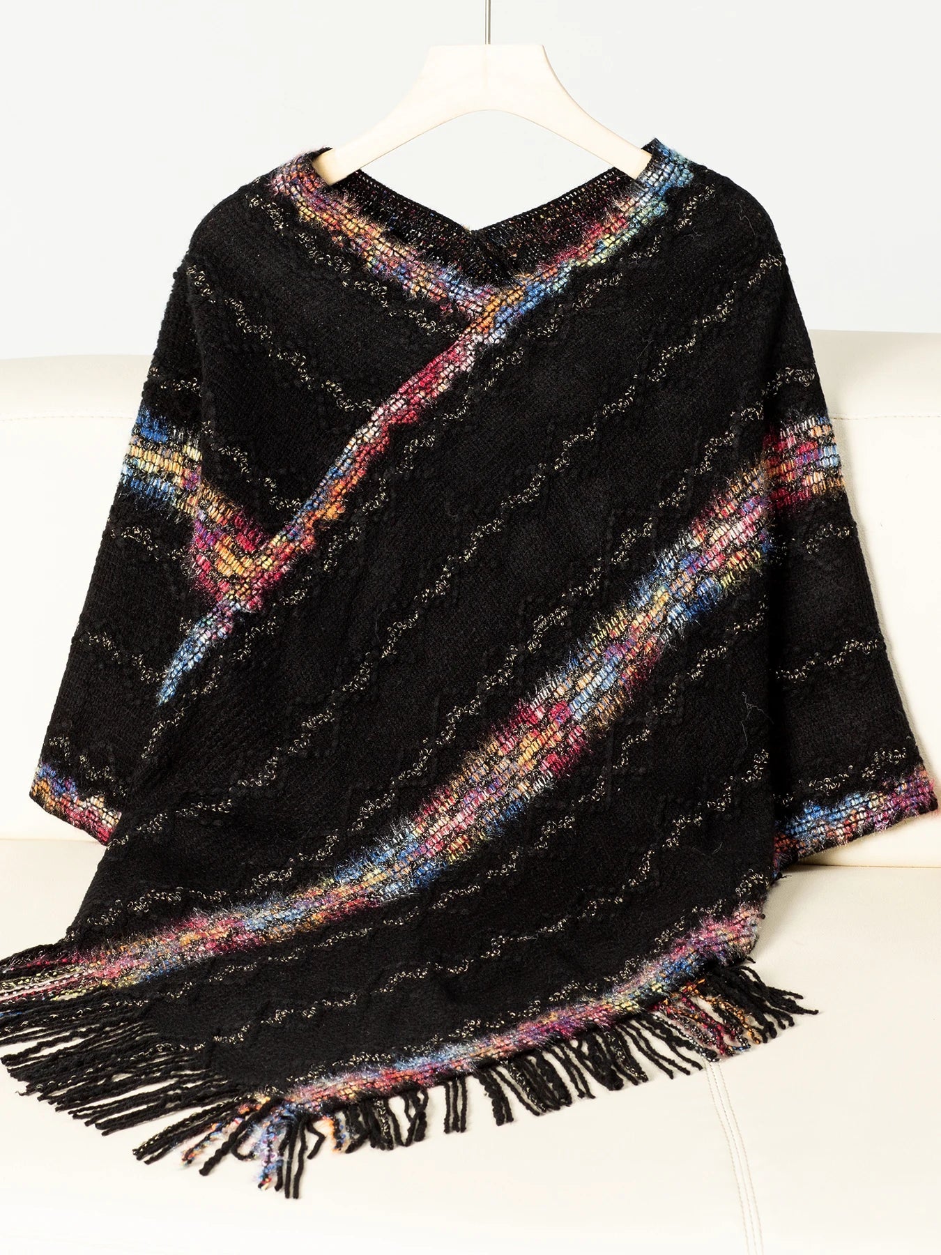 Ponchos- Loose Fit Sweater Poncho Cape for Chilly Days- Black- IndioGear.com