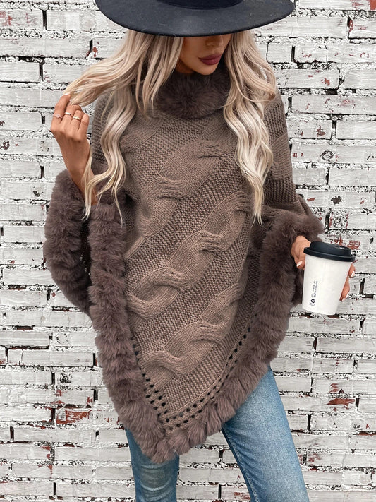 Ponchos- Women Elegant Fur-Trimmed Poncho- Brown- IndioGear.com